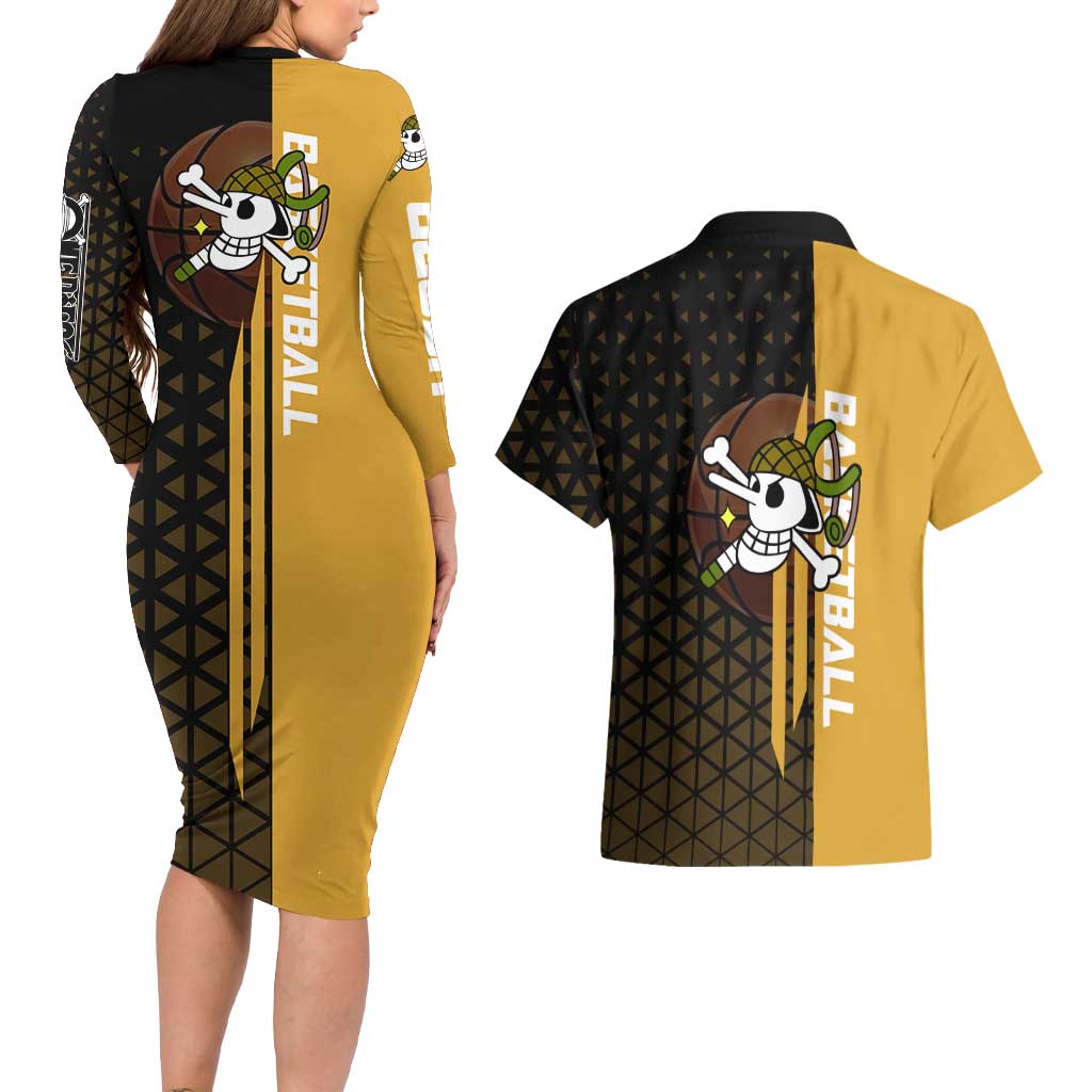 Usopp One Piece Basketball Theme Yellow and Black Design Couples Matching Long Sleeve Bodycon Dress and Hawaiian Shirt with Sniper Emblem and Action Pose - The Mazicc