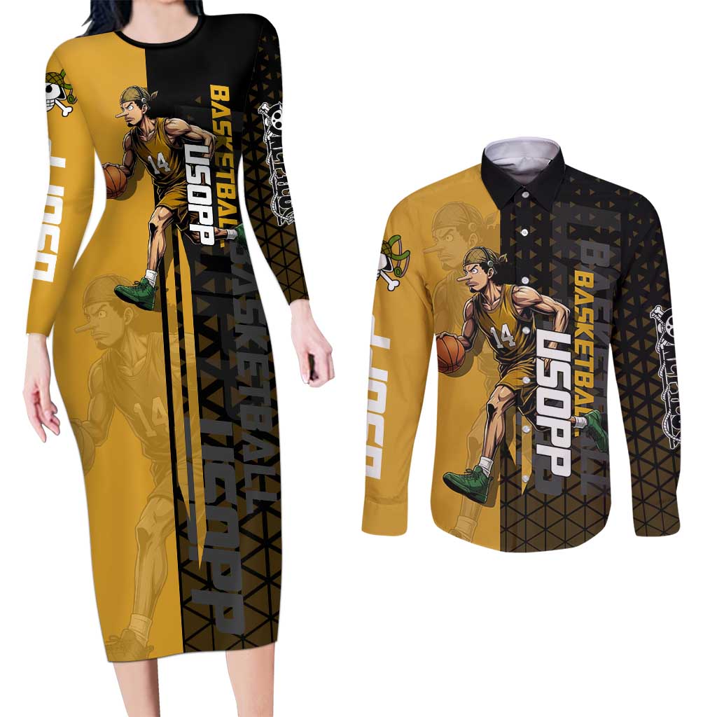 Usopp One Piece Basketball Theme Yellow and Black Design Couples Matching Long Sleeve Bodycon Dress and Long Sleeve Button Shirt with Sniper Emblem and Action Pose - The Mazicc