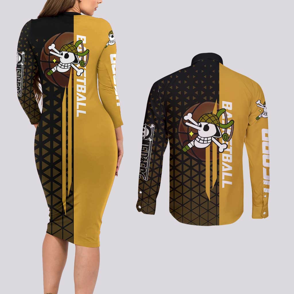 Usopp One Piece Basketball Theme Yellow and Black Design Couples Matching Long Sleeve Bodycon Dress and Long Sleeve Button Shirt with Sniper Emblem and Action Pose - The Mazicc