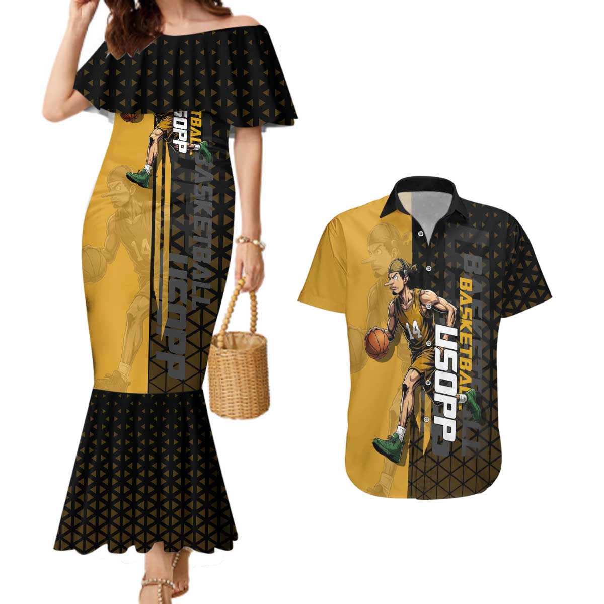 Usopp One Piece Basketball Theme Yellow and Black Design Couples Matching Mermaid Dress and Hawaiian Shirt with Sniper Emblem and Action Pose - The Mazicc