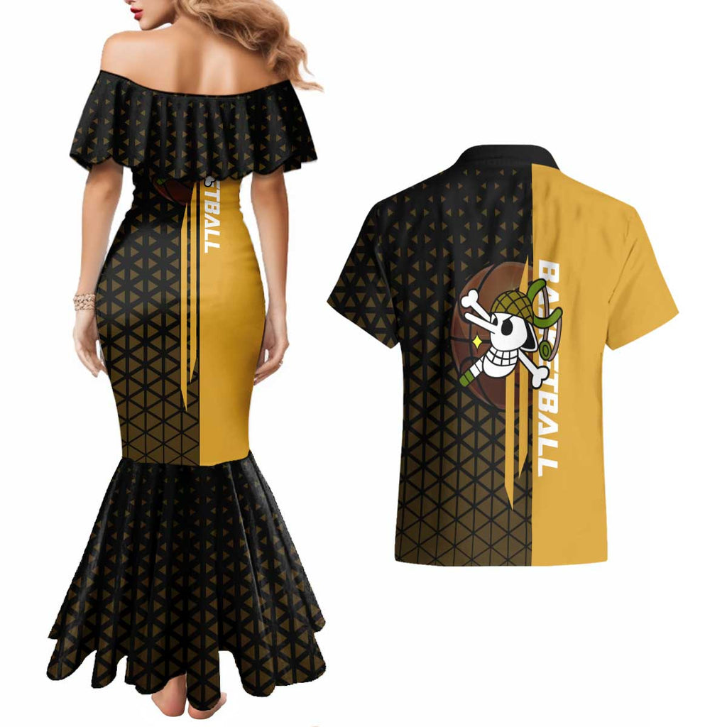 Usopp One Piece Basketball Theme Yellow and Black Design Couples Matching Mermaid Dress and Hawaiian Shirt with Sniper Emblem and Action Pose - The Mazicc