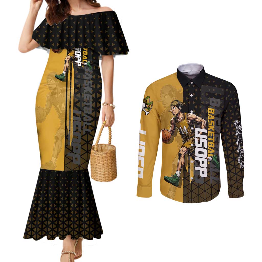 Usopp One Piece Basketball Theme Yellow and Black Design Couples Matching Mermaid Dress and Long Sleeve Button Shirt with Sniper Emblem and Action Pose - The Mazicc