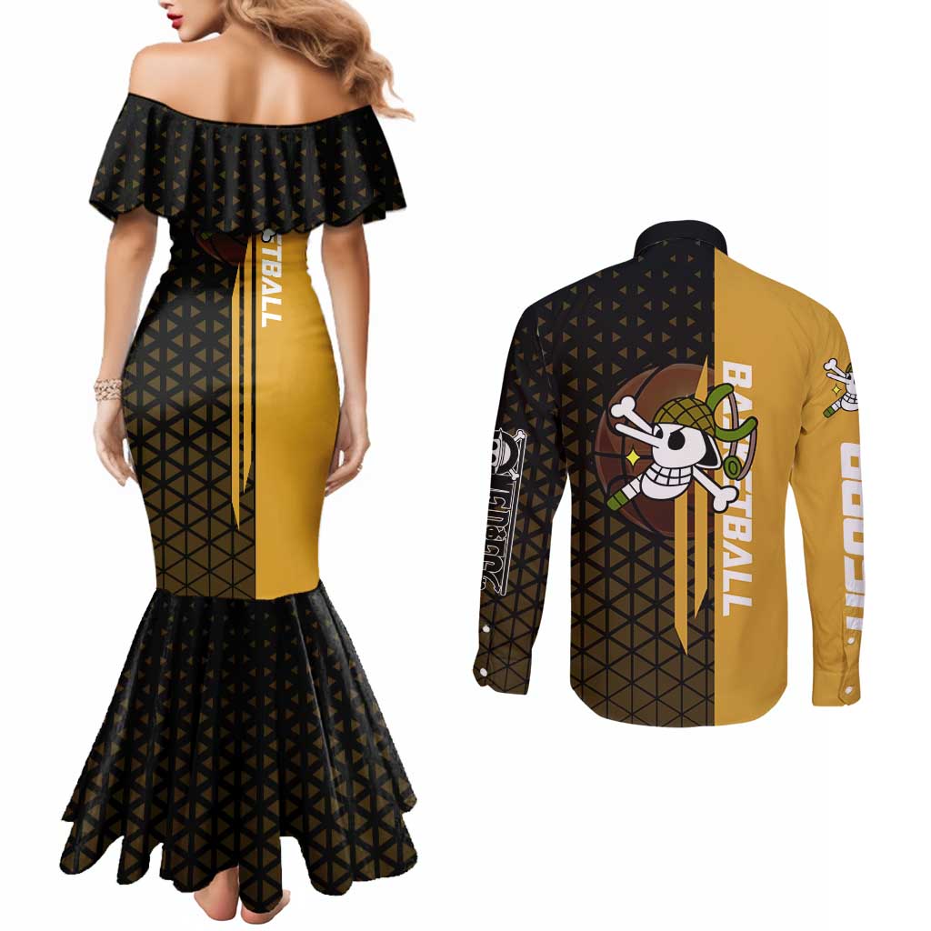 Usopp One Piece Basketball Theme Yellow and Black Design Couples Matching Mermaid Dress and Long Sleeve Button Shirt with Sniper Emblem and Action Pose - The Mazicc