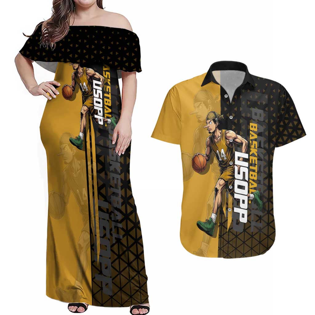 Usopp One Piece Basketball Theme Yellow and Black Design Couples Matching Off Shoulder Maxi Dress and Hawaiian Shirt with Sniper Emblem and Action Pose - The Mazicc