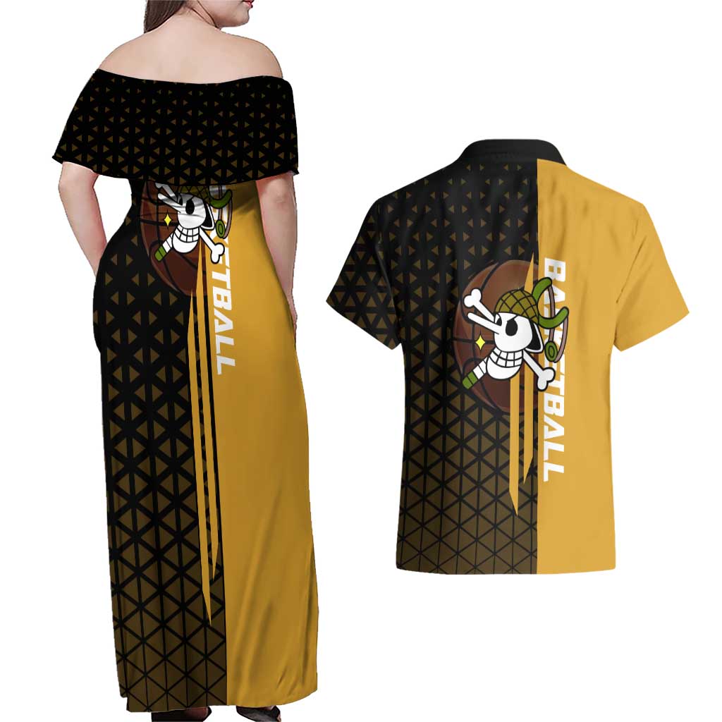 Usopp One Piece Basketball Theme Yellow and Black Design Couples Matching Off Shoulder Maxi Dress and Hawaiian Shirt with Sniper Emblem and Action Pose - The Mazicc