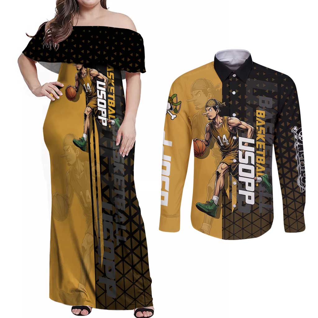 Usopp One Piece Basketball Theme Yellow and Black Design Couples Matching Off Shoulder Maxi Dress and Long Sleeve Button Shirt with Sniper Emblem and Action Pose - The Mazicc