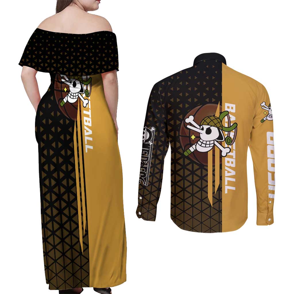 Usopp One Piece Basketball Theme Yellow and Black Design Couples Matching Off Shoulder Maxi Dress and Long Sleeve Button Shirt with Sniper Emblem and Action Pose - The Mazicc