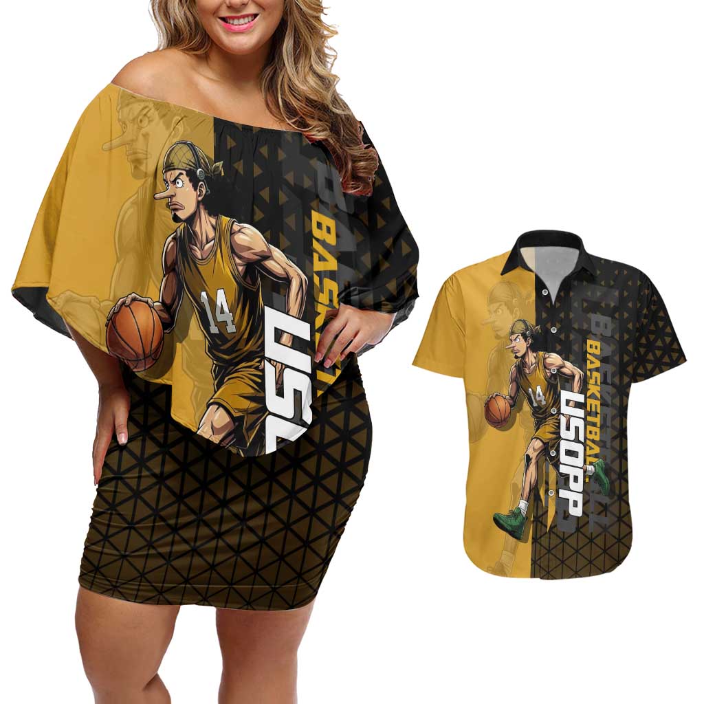 Usopp One Piece Basketball Theme Yellow and Black Design Couples Matching Off Shoulder Short Dress and Hawaiian Shirt with Sniper Emblem and Action Pose - The Mazicc