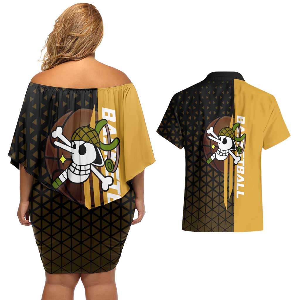 Usopp One Piece Basketball Theme Yellow and Black Design Couples Matching Off Shoulder Short Dress and Hawaiian Shirt with Sniper Emblem and Action Pose - The Mazicc