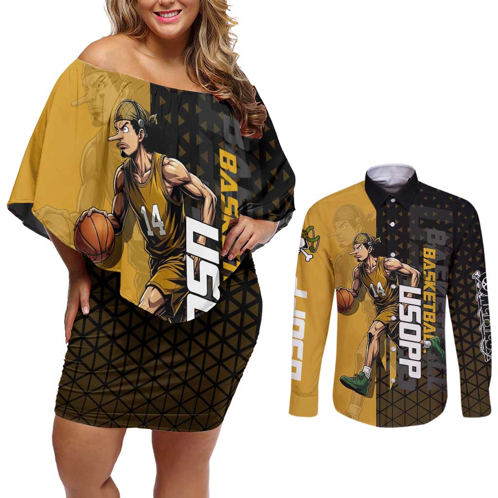 Usopp One Piece Basketball Theme Yellow and Black Design Couples Matching Off Shoulder Short Dress and Long Sleeve Button Shirt with Sniper Emblem and Action Pose - The Mazicc