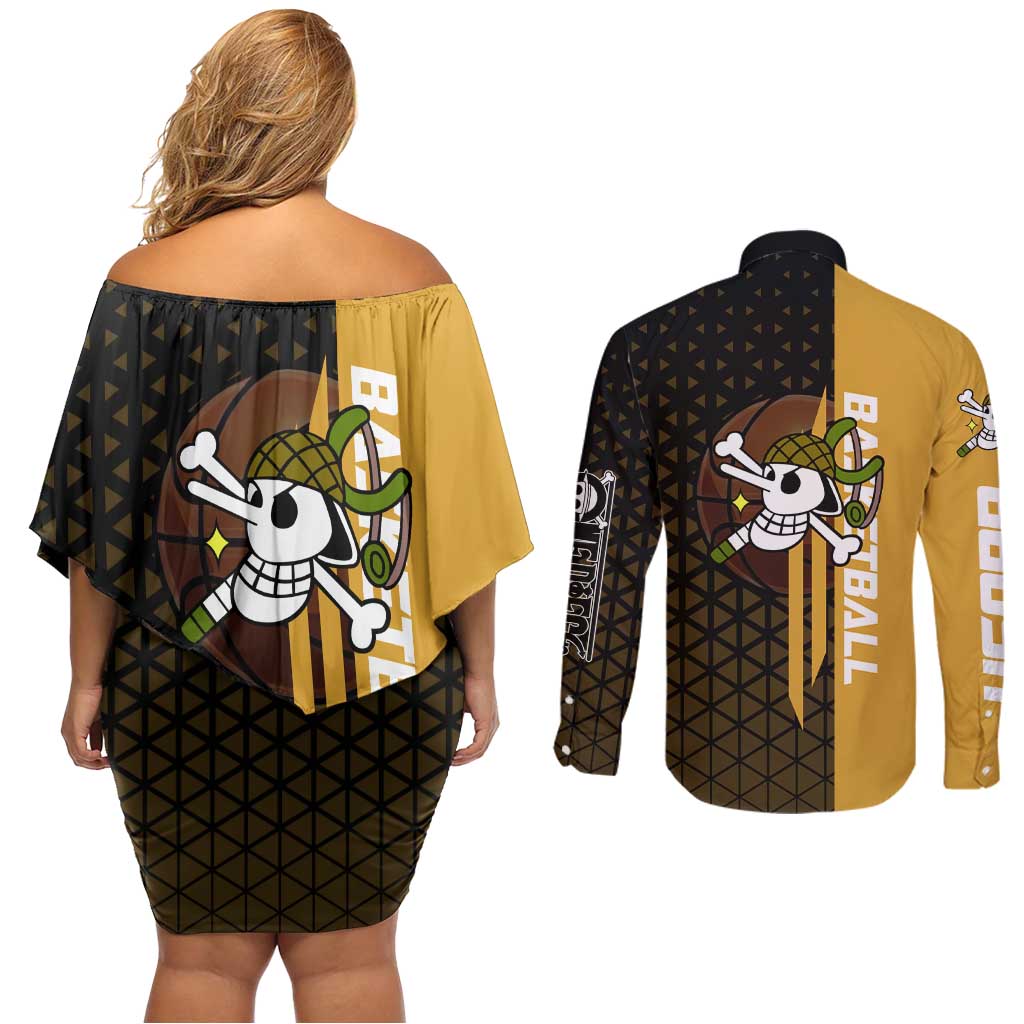 Usopp One Piece Basketball Theme Yellow and Black Design Couples Matching Off Shoulder Short Dress and Long Sleeve Button Shirt with Sniper Emblem and Action Pose - The Mazicc