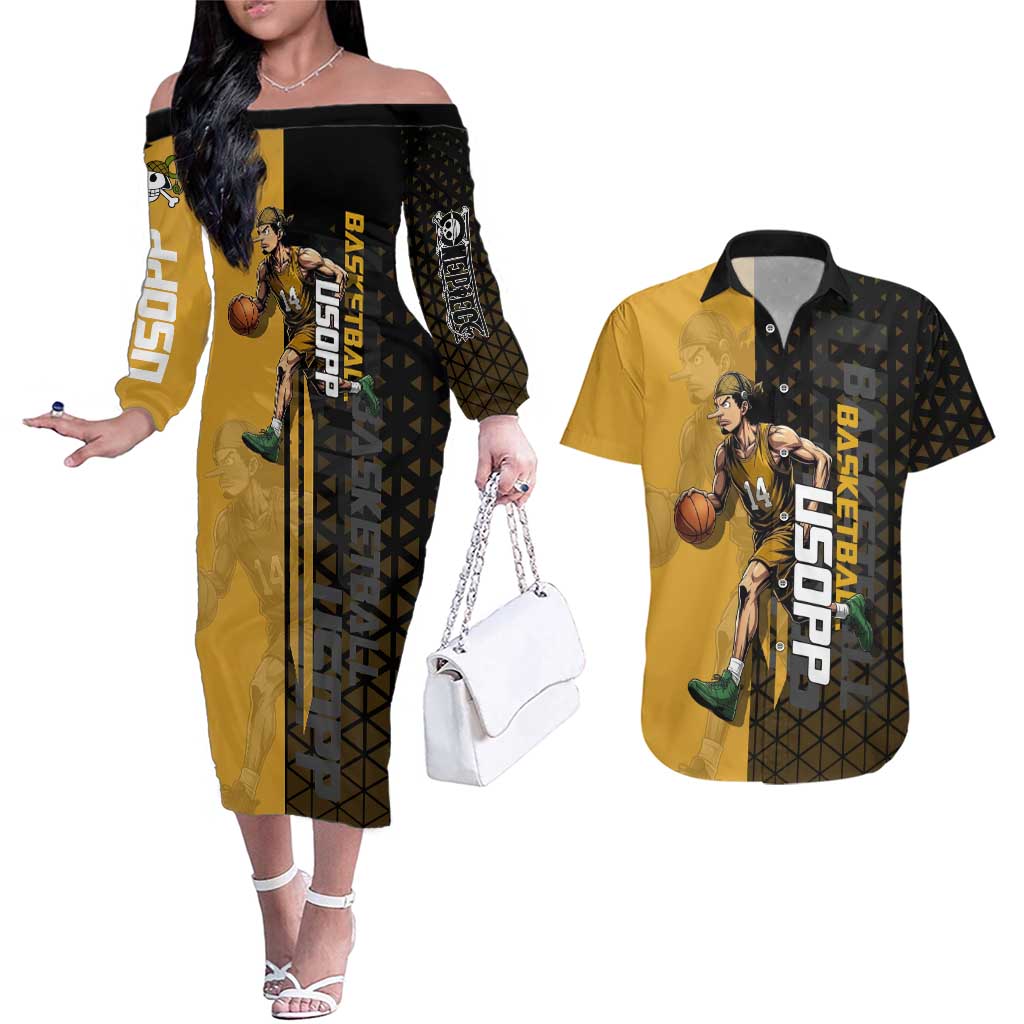 Usopp One Piece Basketball Theme Yellow and Black Design Couples Matching Off The Shoulder Long Sleeve Dress and Hawaiian Shirt with Sniper Emblem and Action Pose - The Mazicc