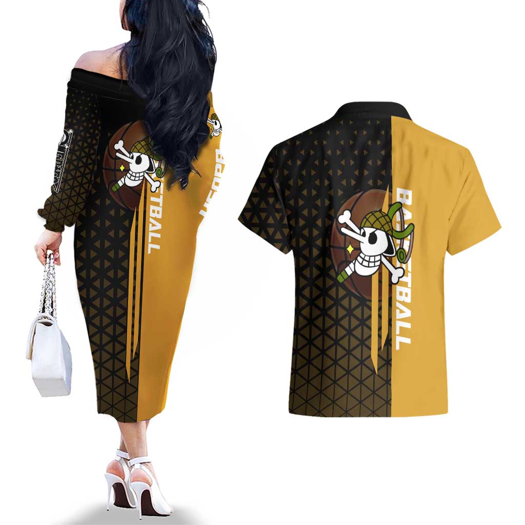 Usopp One Piece Basketball Theme Yellow and Black Design Couples Matching Off The Shoulder Long Sleeve Dress and Hawaiian Shirt with Sniper Emblem and Action Pose - The Mazicc