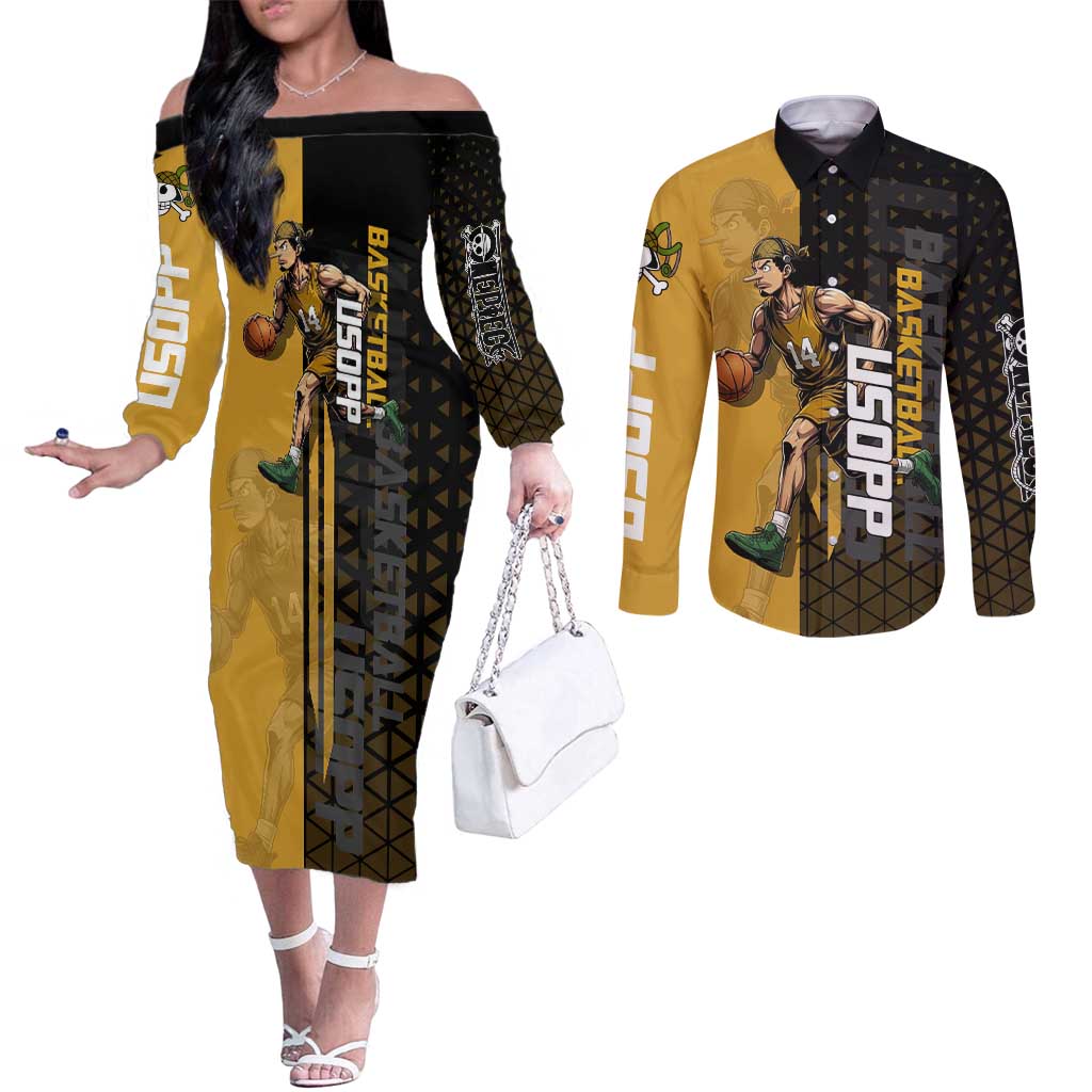 Usopp One Piece Basketball Theme Yellow and Black Design Couples Matching Off The Shoulder Long Sleeve Dress and Long Sleeve Button Shirt with Sniper Emblem and Action Pose - The Mazicc
