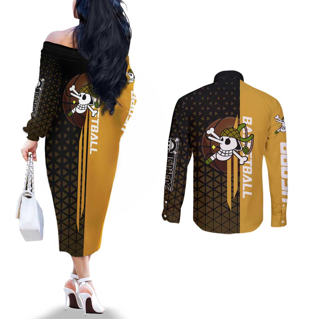 Usopp One Piece Basketball Theme Yellow and Black Design Couples Matching Off The Shoulder Long Sleeve Dress and Long Sleeve Button Shirt with Sniper Emblem and Action Pose - The Mazicc