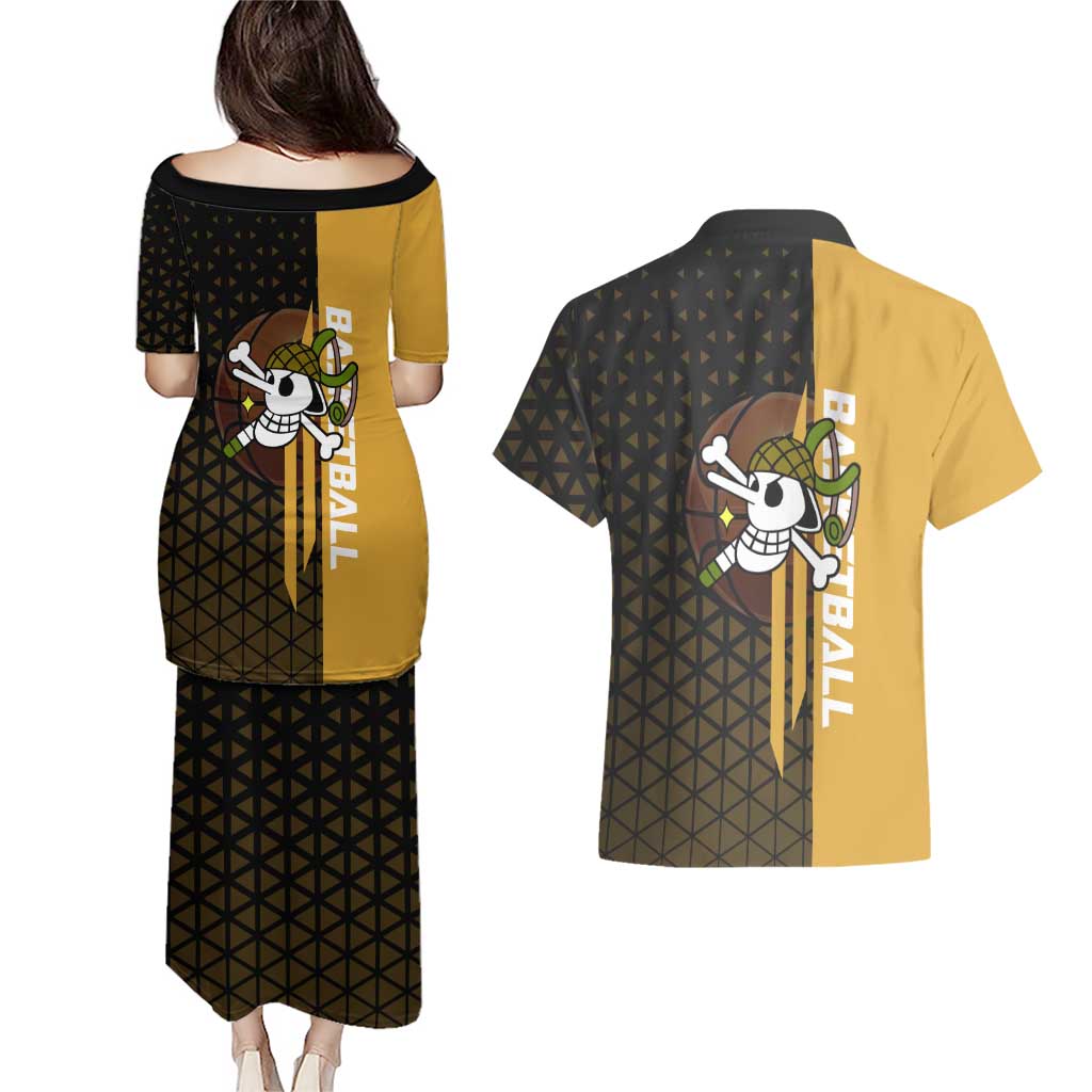 Usopp One Piece Basketball Theme Yellow and Black Design Couples Matching Puletasi and Hawaiian Shirt with Sniper Emblem and Action Pose - The Mazicc