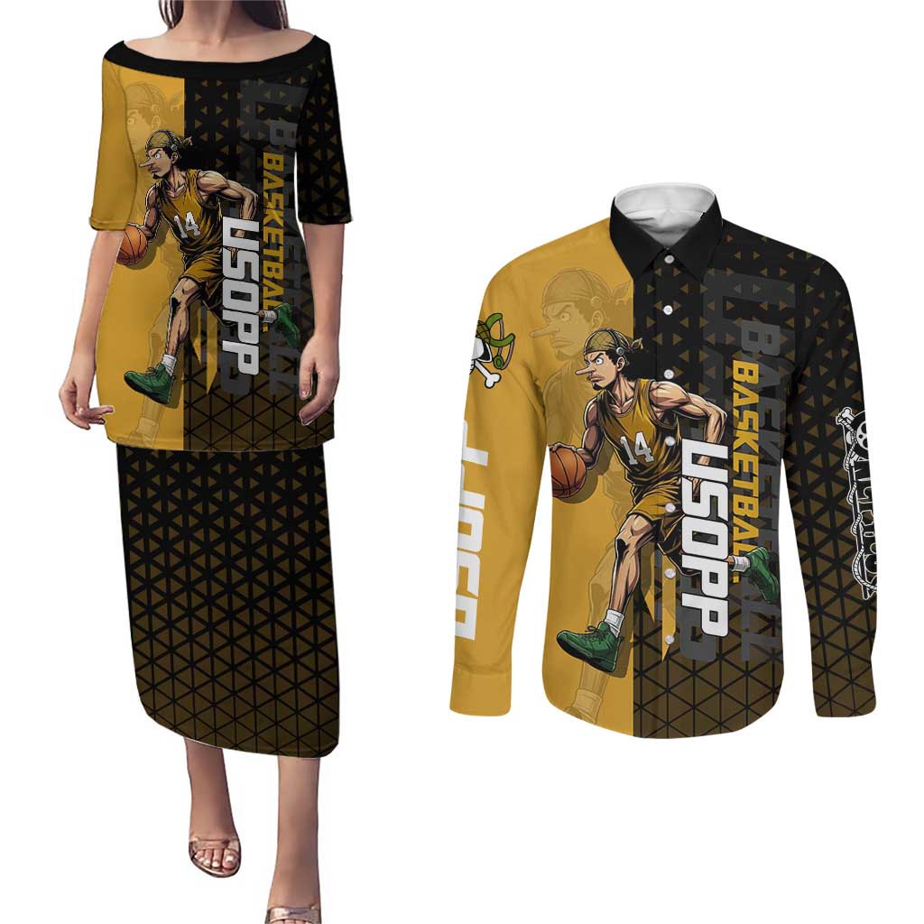Usopp One Piece Basketball Theme Yellow and Black Design Couples Matching Puletasi and Long Sleeve Button Shirt with Sniper Emblem and Action Pose - The Mazicc