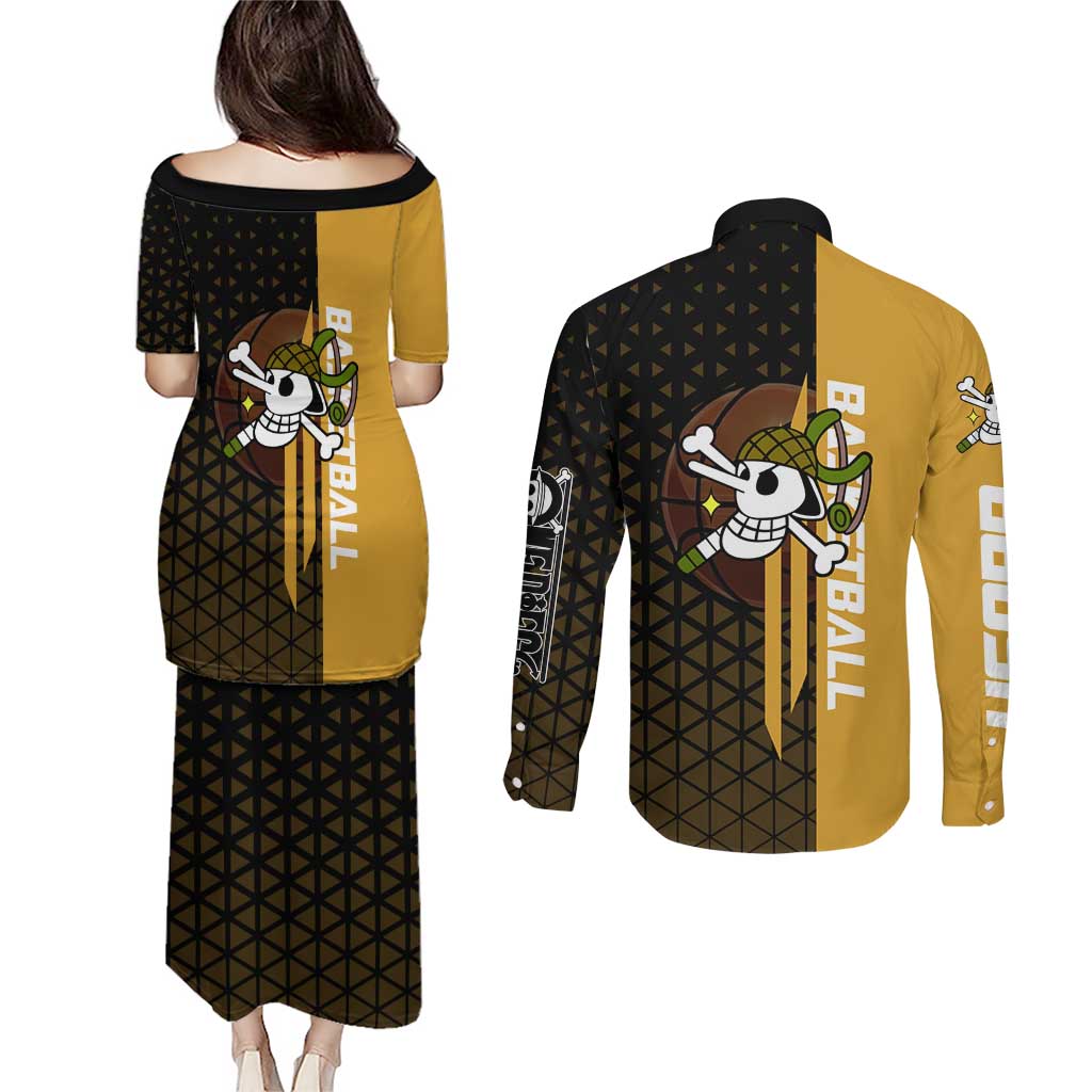 Usopp One Piece Basketball Theme Yellow and Black Design Couples Matching Puletasi and Long Sleeve Button Shirt with Sniper Emblem and Action Pose - The Mazicc