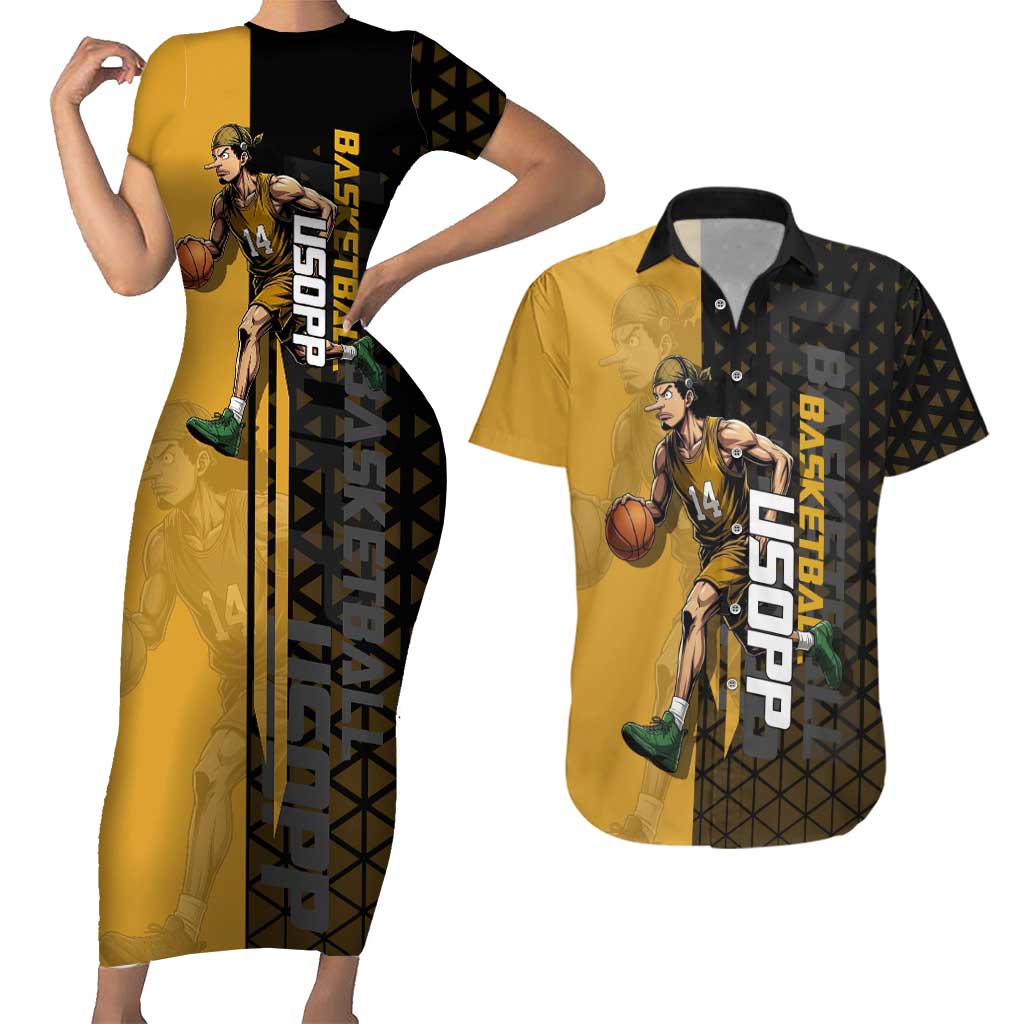 Usopp One Piece Basketball Theme Yellow and Black Design Couples Matching Short Sleeve Bodycon Dress and Hawaiian Shirt with Sniper Emblem and Action Pose - The Mazicc