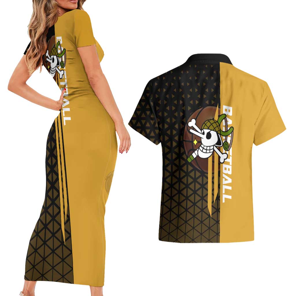 Usopp One Piece Basketball Theme Yellow and Black Design Couples Matching Short Sleeve Bodycon Dress and Hawaiian Shirt with Sniper Emblem and Action Pose - The Mazicc