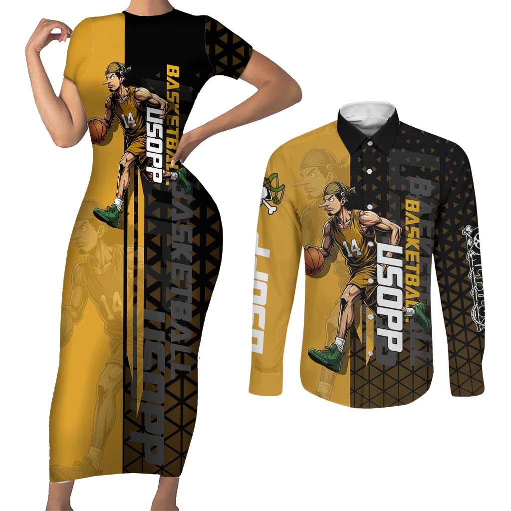 Usopp One Piece Basketball Theme Yellow and Black Design Couples Matching Short Sleeve Bodycon Dress and Long Sleeve Button Shirt with Sniper Emblem and Action Pose - The Mazicc