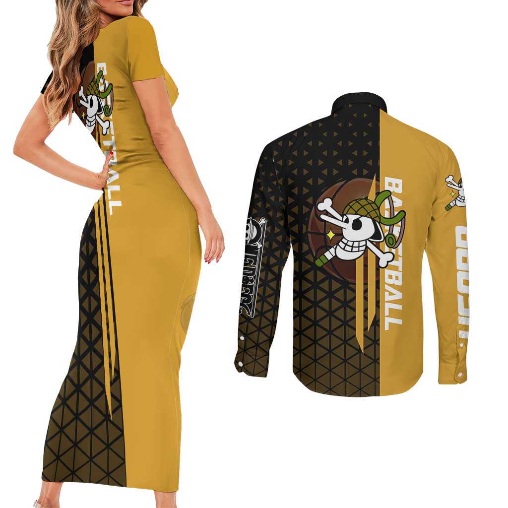 Usopp One Piece Basketball Theme Yellow and Black Design Couples Matching Short Sleeve Bodycon Dress and Long Sleeve Button Shirt with Sniper Emblem and Action Pose - The Mazicc