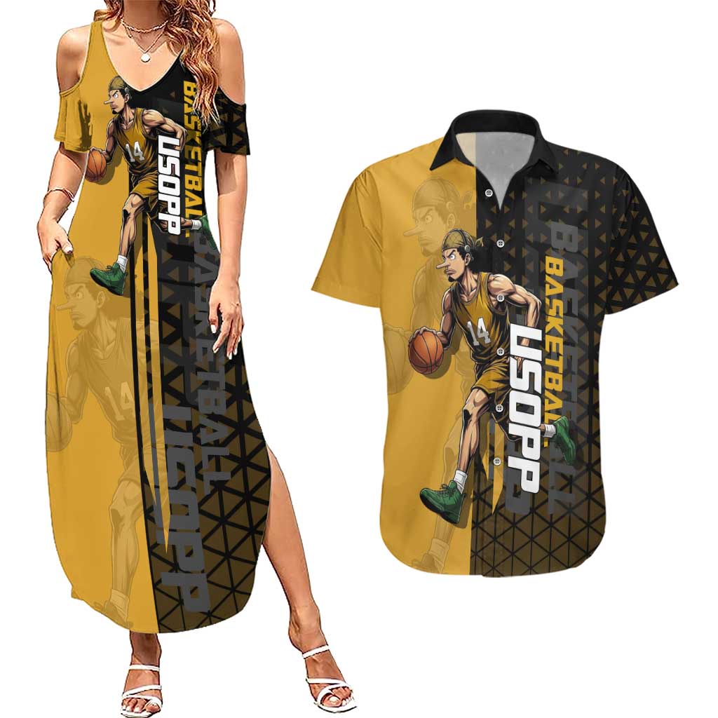 Usopp One Piece Basketball Theme Yellow and Black Design Couples Matching Summer Maxi Dress and Hawaiian Shirt with Sniper Emblem and Action Pose - The Mazicc