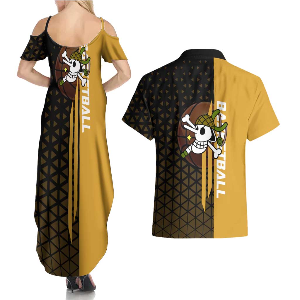 Usopp One Piece Basketball Theme Yellow and Black Design Couples Matching Summer Maxi Dress and Hawaiian Shirt with Sniper Emblem and Action Pose - The Mazicc