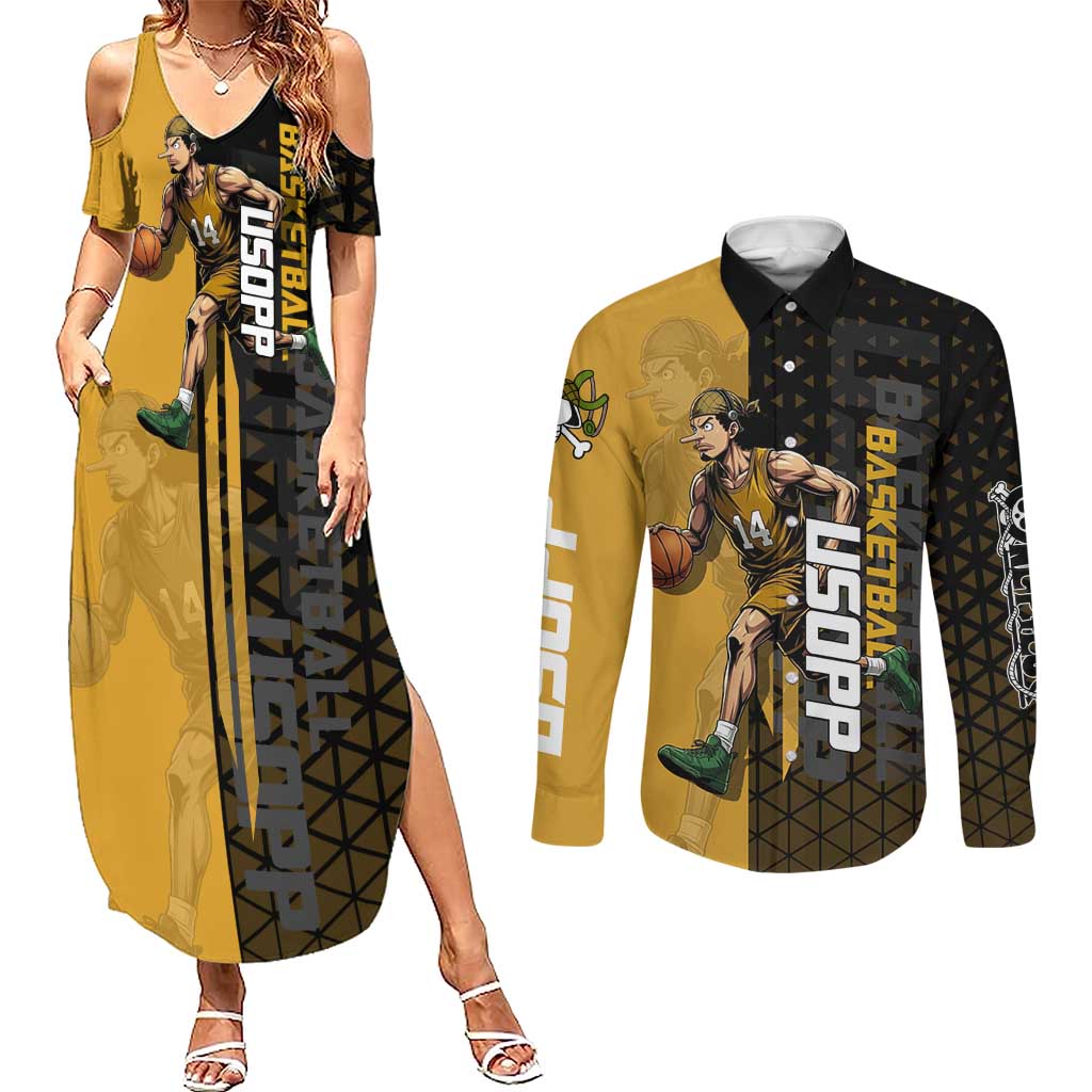 Usopp One Piece Basketball Theme Yellow and Black Design Couples Matching Summer Maxi Dress and Long Sleeve Button Shirt with Sniper Emblem and Action Pose - The Mazicc