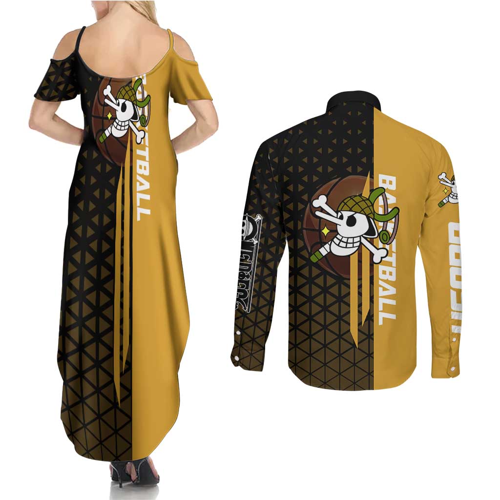 Usopp One Piece Basketball Theme Yellow and Black Design Couples Matching Summer Maxi Dress and Long Sleeve Button Shirt with Sniper Emblem and Action Pose - The Mazicc
