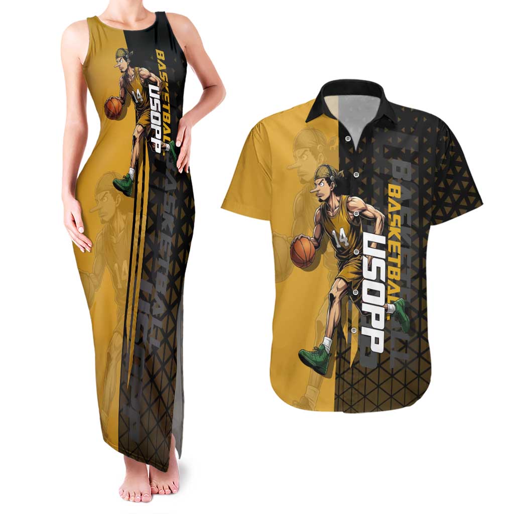 Usopp One Piece Basketball Theme Yellow and Black Design Couples Matching Tank Maxi Dress and Hawaiian Shirt with Sniper Emblem and Action Pose - The Mazicc