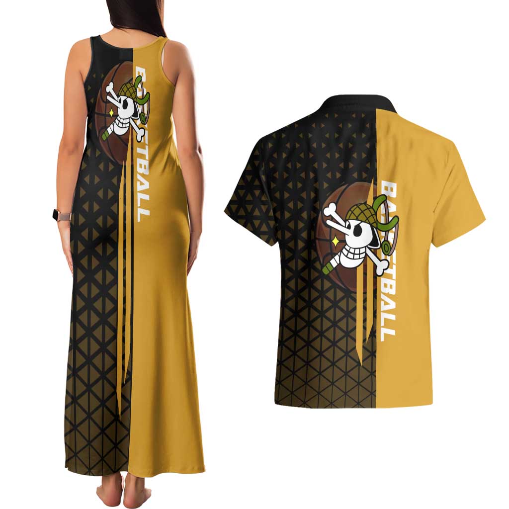 Usopp One Piece Basketball Theme Yellow and Black Design Couples Matching Tank Maxi Dress and Hawaiian Shirt with Sniper Emblem and Action Pose - The Mazicc