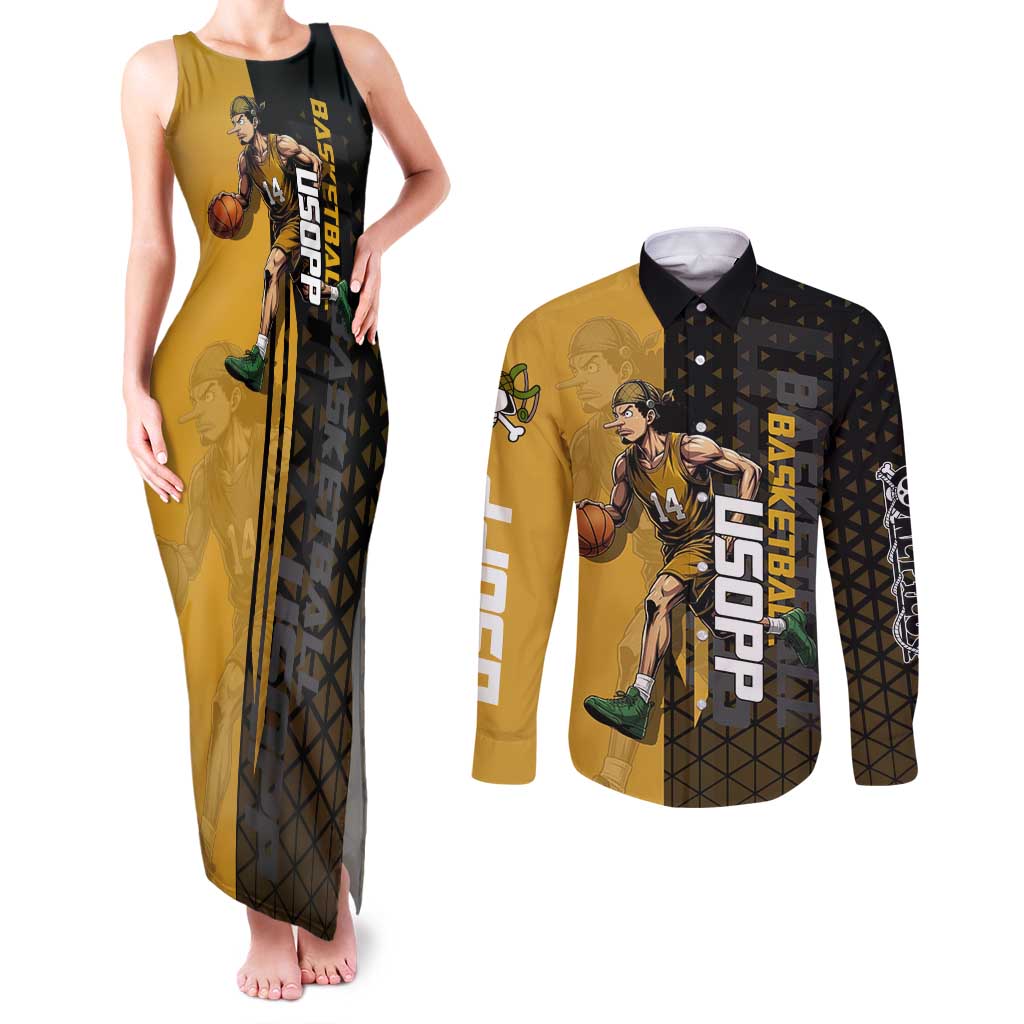 Usopp One Piece Basketball Theme Yellow and Black Design Couples Matching Tank Maxi Dress and Long Sleeve Button Shirt with Sniper Emblem and Action Pose - The Mazicc