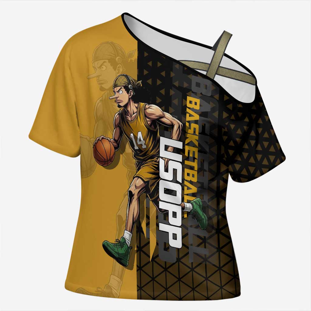 Usopp One Piece Basketball Theme Yellow and Black Design Cross Shoulder Shirt with Sniper Emblem and Action Pose - The Mazicc