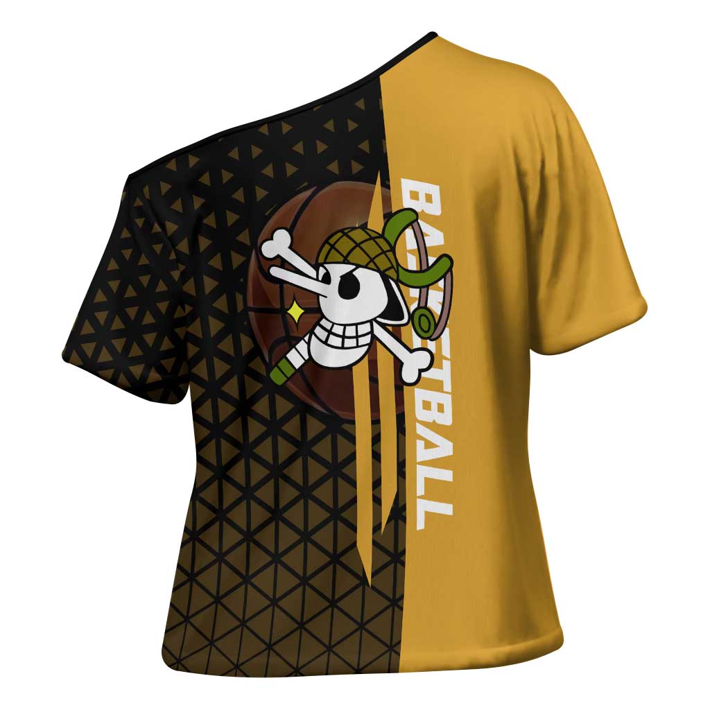 Usopp One Piece Basketball Theme Yellow and Black Design Cross Shoulder Shirt with Sniper Emblem and Action Pose - The Mazicc