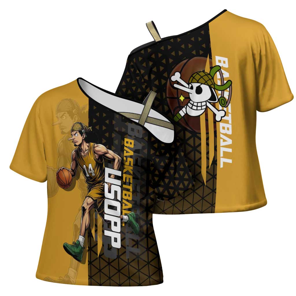 Usopp One Piece Basketball Theme Yellow and Black Design Cross Shoulder Shirt with Sniper Emblem and Action Pose - The Mazicc