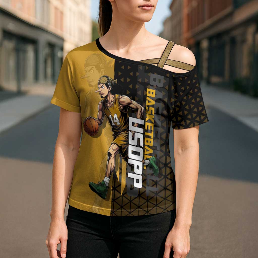 Usopp One Piece Basketball Theme Yellow and Black Design Cross Shoulder Shirt with Sniper Emblem and Action Pose - The Mazicc