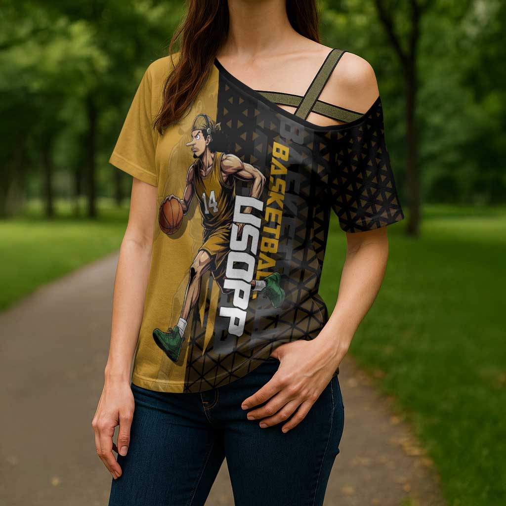 Usopp One Piece Basketball Theme Yellow and Black Design Cross Shoulder Shirt with Sniper Emblem and Action Pose - The Mazicc