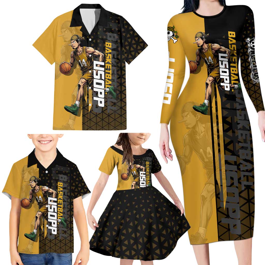 Usopp One Piece Basketball Theme Yellow and Black Design Family Matching Long Sleeve Bodycon Dress and Hawaiian Shirt with Sniper Emblem and Action Pose