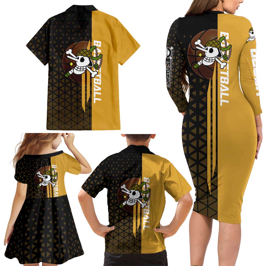 Usopp One Piece Basketball Theme Yellow and Black Design Family Matching Long Sleeve Bodycon Dress and Hawaiian Shirt with Sniper Emblem and Action Pose