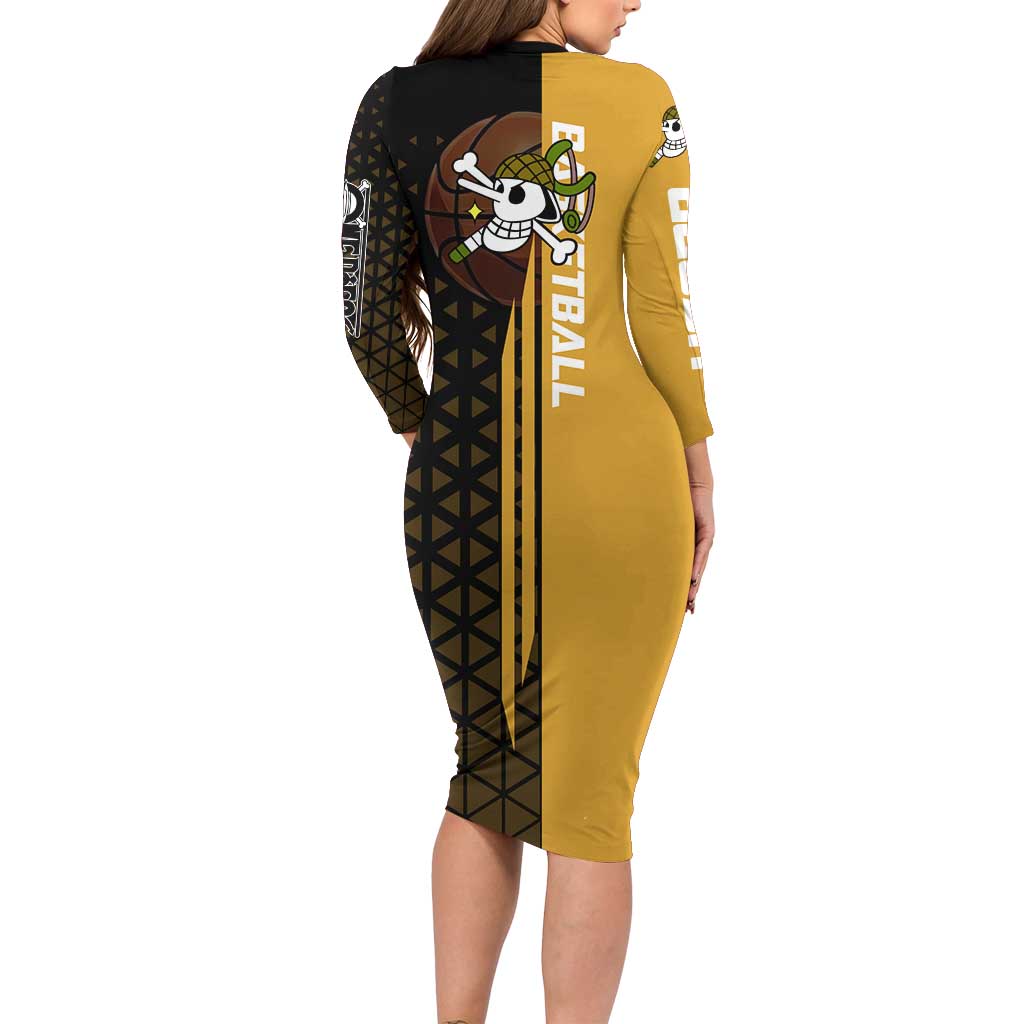 Usopp One Piece Basketball Theme Yellow and Black Design Family Matching Long Sleeve Bodycon Dress and Hawaiian Shirt with Sniper Emblem and Action Pose