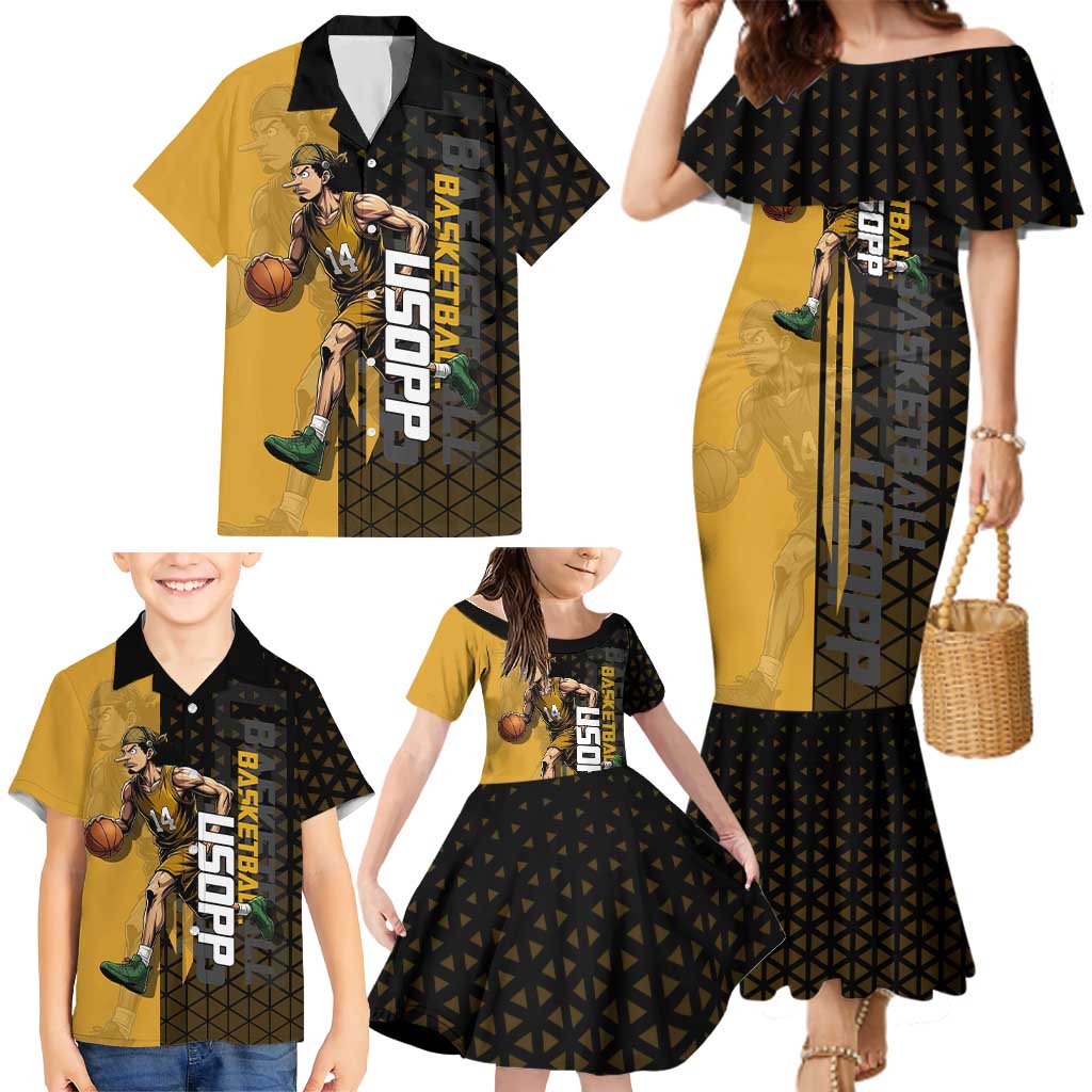 Usopp One Piece Basketball Theme Yellow and Black Design Family Matching Mermaid Dress and Hawaiian Shirt with Sniper Emblem and Action Pose