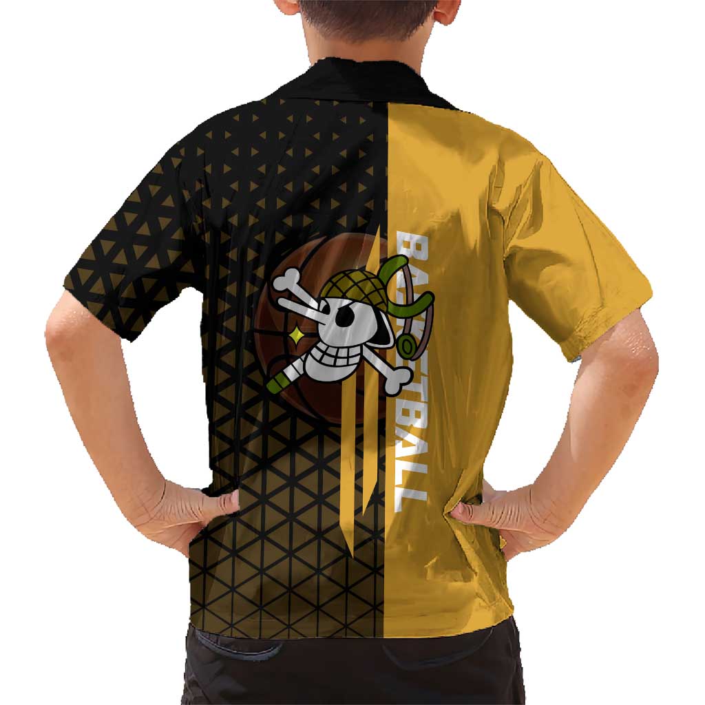 Usopp One Piece Basketball Theme Yellow and Black Design Family Matching Mermaid Dress and Hawaiian Shirt with Sniper Emblem and Action Pose