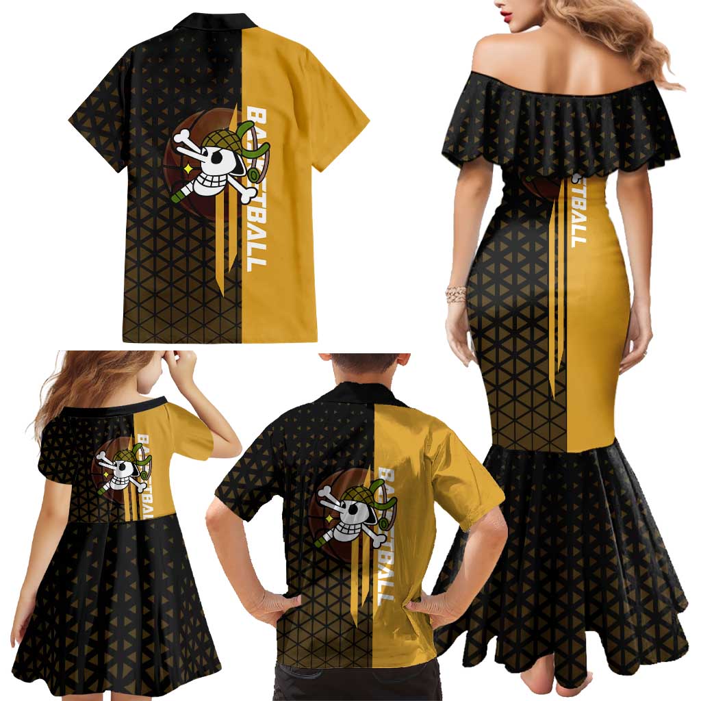 Usopp One Piece Basketball Theme Yellow and Black Design Family Matching Mermaid Dress and Hawaiian Shirt with Sniper Emblem and Action Pose