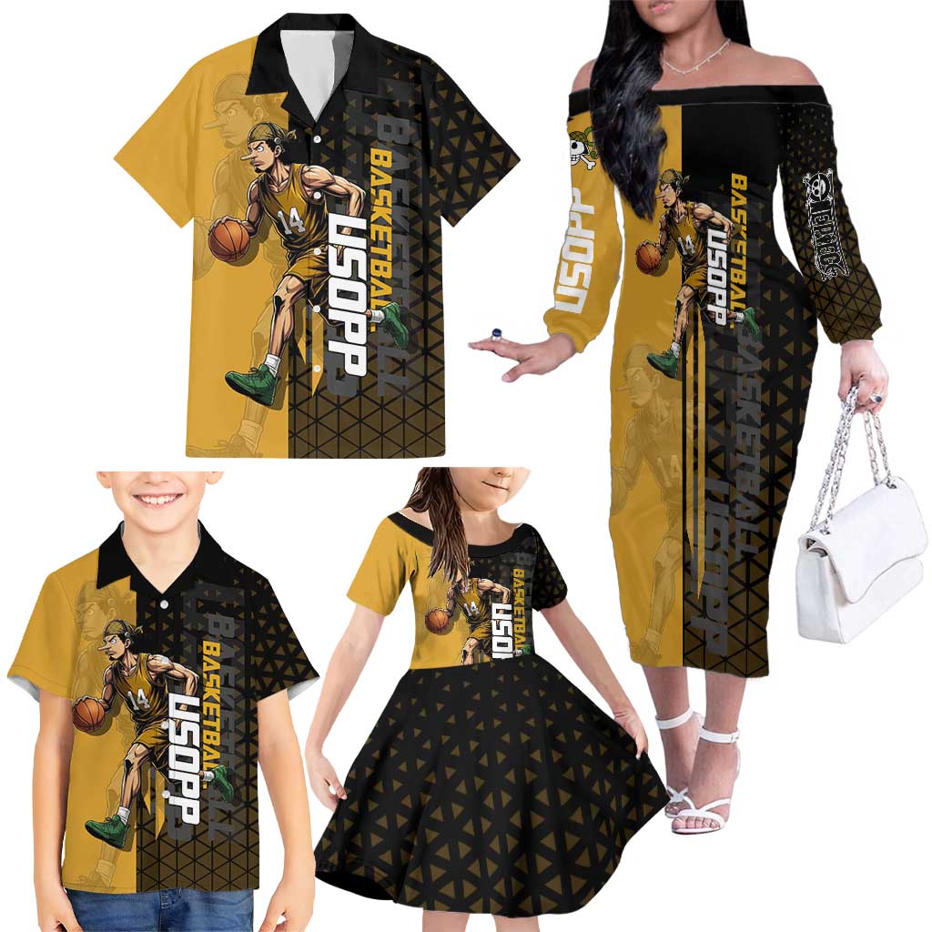 Usopp One Piece Basketball Theme Yellow and Black Design Family Matching Off The Shoulder Long Sleeve Dress and Hawaiian Shirt with Sniper Emblem and Action Pose