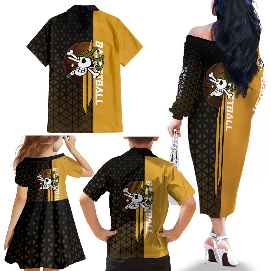 Usopp One Piece Basketball Theme Yellow and Black Design Family Matching Off The Shoulder Long Sleeve Dress and Hawaiian Shirt with Sniper Emblem and Action Pose