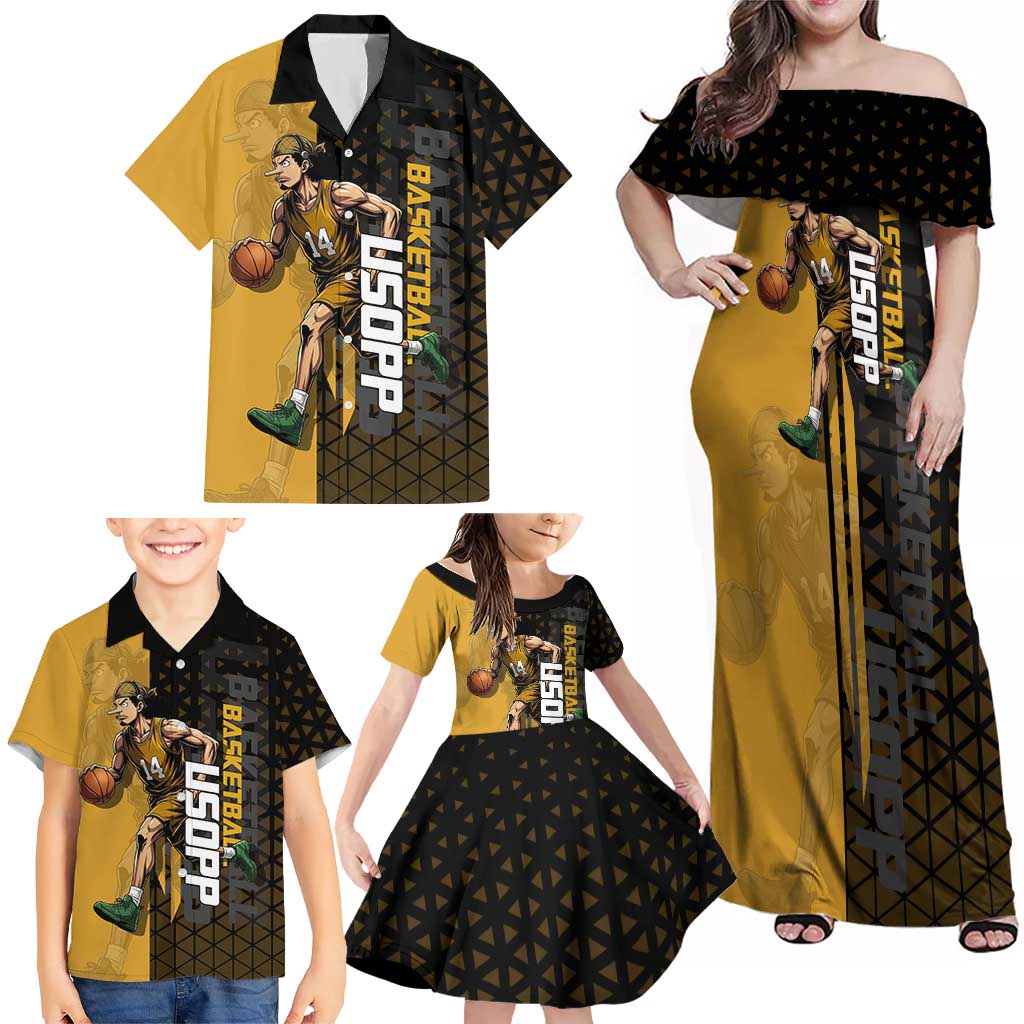 Usopp One Piece Basketball Theme Yellow and Black Design Family Matching Off Shoulder Maxi Dress and Hawaiian Shirt with Sniper Emblem and Action Pose