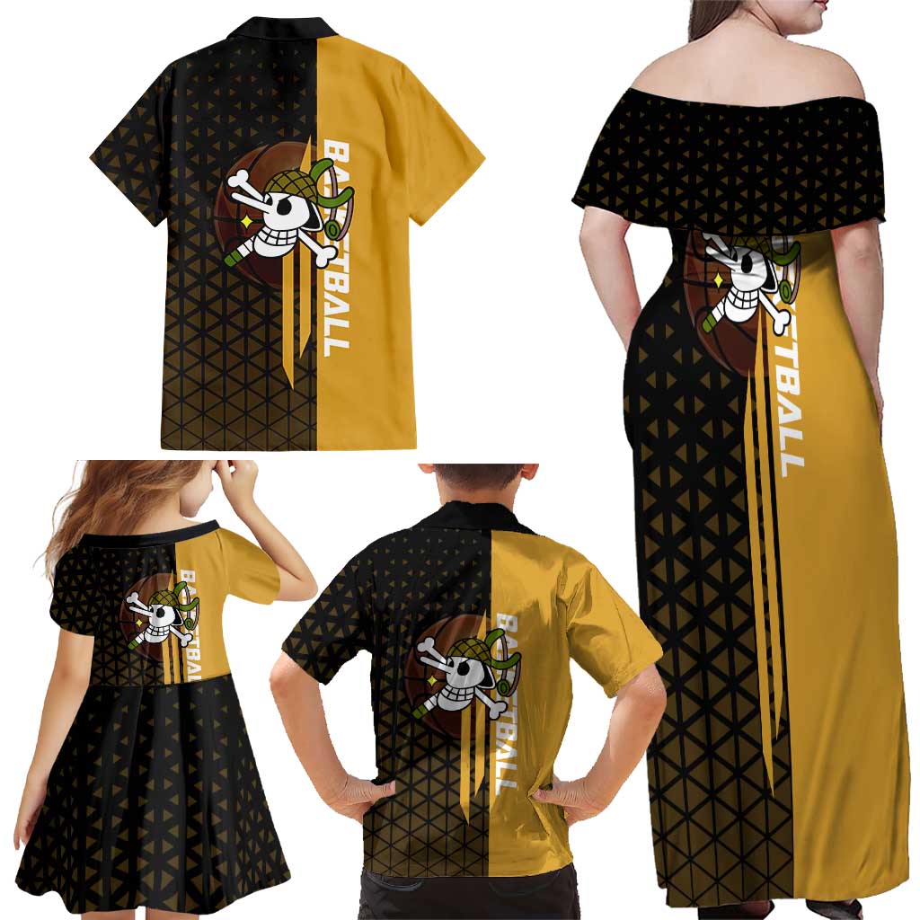 Usopp One Piece Basketball Theme Yellow and Black Design Family Matching Off Shoulder Maxi Dress and Hawaiian Shirt with Sniper Emblem and Action Pose