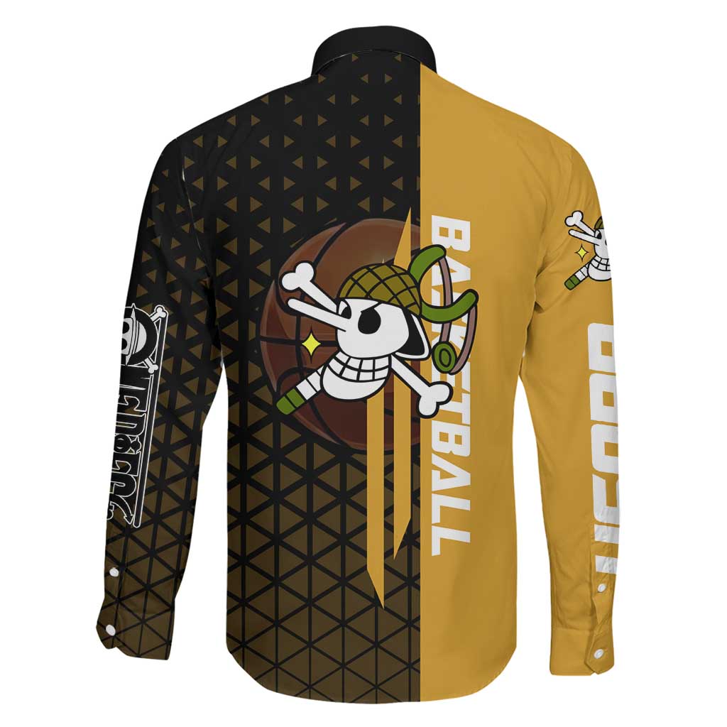Usopp One Piece Basketball Theme Yellow and Black Design Family Matching Off Shoulder Maxi Dress and Hawaiian Shirt with Sniper Emblem and Action Pose
