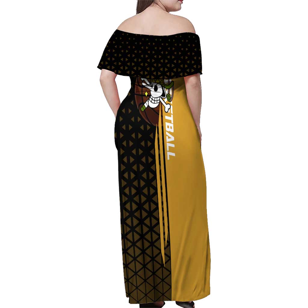 Usopp One Piece Basketball Theme Yellow and Black Design Family Matching Off Shoulder Maxi Dress and Hawaiian Shirt with Sniper Emblem and Action Pose